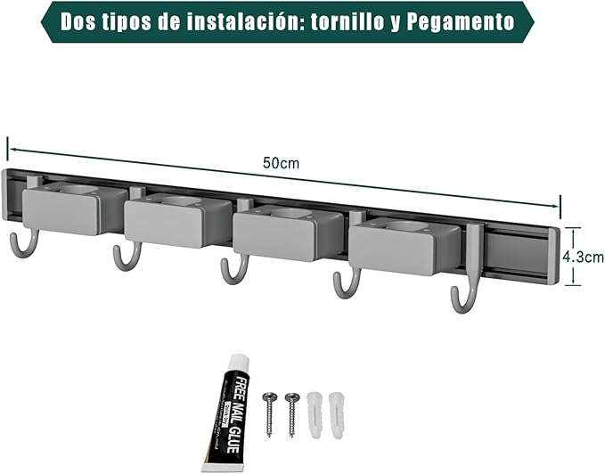 Broom Holder Wall Mount Movable Hooks and Clips Mop and Broom Hanger Wall Mounted Aluminum Garage Tool Organizer Storage adhesive (40cm, Grey)-NeatNest