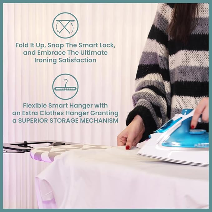 Ironing Board with Hanger, Adjustable Height & Safety Stand for Small Spaces