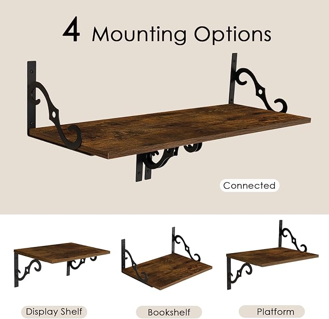 DINZI LVJ Deep Floating Shelves, 16" W x 12" D Wall Shelves Set of 2, Wide Display Shelf Wall Mounted with Brackets, Easy-to-Install Wall Bookshelf for Living Room, Bathroom, Bedroom, Rustic Brown-NeatNest