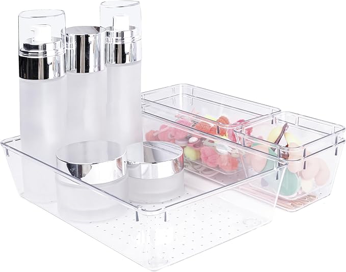 4 PCS Clear Plastic Drawer Organizer, Desk Drawer Divider Organizers and Storage Bins for Makeup, Jewelry, Gadgets for Kitchen, Bedroom, Bathroom, Office (9.0"x3.0"x2.2")-NeatNest