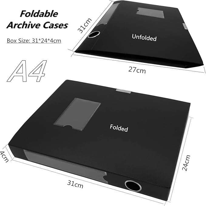 Foldable A4 Document Box with Lid, Pack of 3 Plastic Archive Cases, 31x24x4cm, File Folder Organizer Document Storage File Boxes for Office, School, Letter Size Paper (Multicolor)