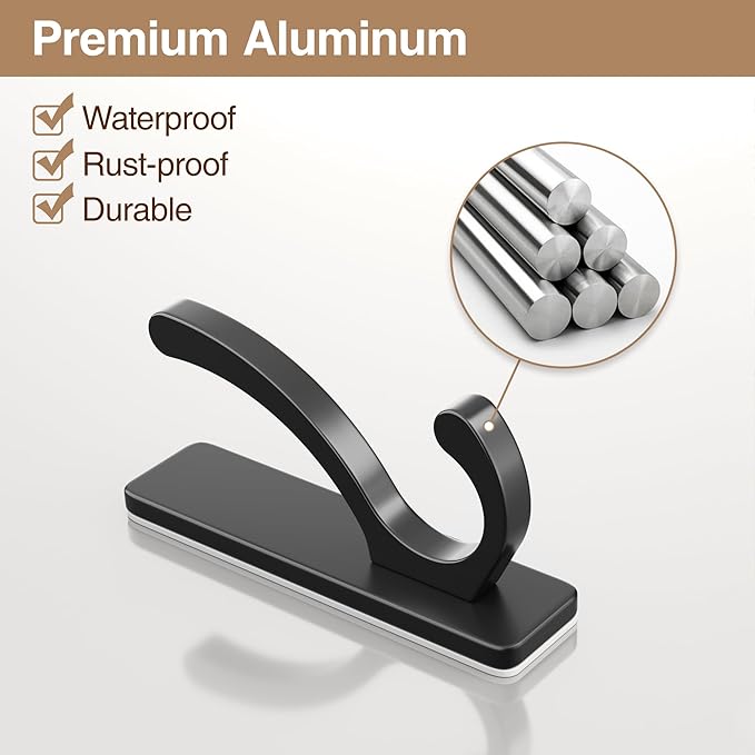 Adhesive Wall Hooks for Towels Coats - Stick On Hooks Hanging Heavy Duty (13lb), Metal Hook for Door, Bathroom, Dorm, Closet - Hanger for Purse, Bag, Robe,Backpack - No Damage to Wall - Black 6 Pack