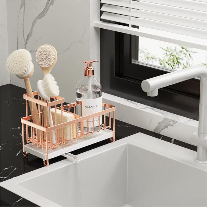 Cisily Rose Gold Sponge Holder for Kitchen Sink, Sink Caddy Organizer with High Brush Holder, Kitchen Countertop Organizers and Storage Essentials, Rustproof 304 Stainless Steel, Soap Dispenser-NeatNest