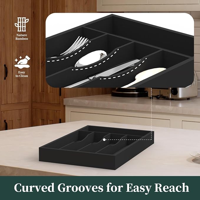 Bamboo Silverware Organizer, Kitchen Drawer Organizer, Utensil Holder, Cutlery Tray & Spoon Flatware Storage with Grooved Drawer Dividers ((5 Slots, Black)-NeatNest