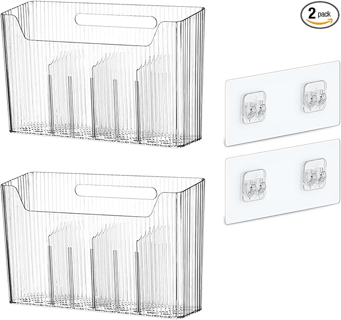 2 Pack Adhesive Mount Cabinet Door Organizer, Wall Mounted Bathroom Organizers and Storage Bins Plastic Stackable Shower Caddy Hanging Floating Shelves for Narrow Space, BPA Free (Clear)