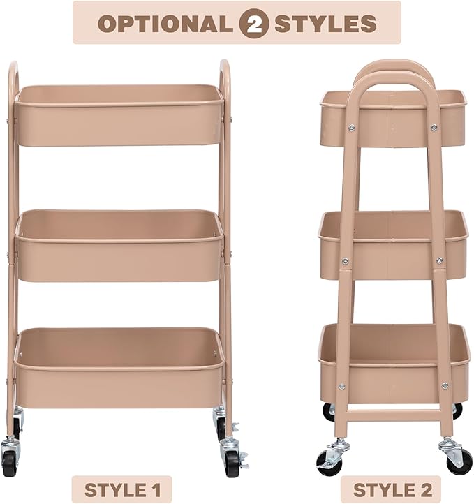 AGTEK Makeup Cart, Movable Rolling Organizer Cart, 3 Tier Metal Utility Cart with Lockable Wheels for Home & Office, Milk Tea-NeatNest