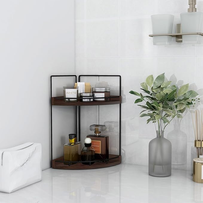 Dorhors 2-Tier Bathroom Counter Organizer,Vanity Counter Corner Shelf, Skincare, Wood Countertop Bathroom Storage and Organization for Kitchen (Walnut)-NeatNest
