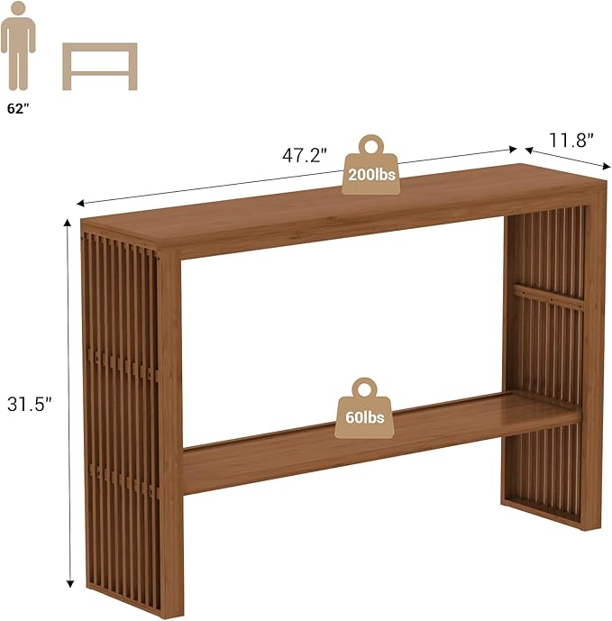 Bamboo Wood Entryway Table 47.2" Console Table, 2-Tier Farmhouse Narrow Sofa Table with Grille-Inspired Sides Easy Assembly for Entrance, Hallway, Living Room, Bedroom, Foyer(Walnut)-NeatNest