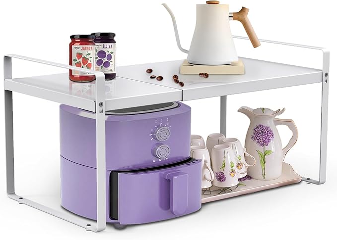 9'' Wide Expandable Cabinet Shelf Organizer Rack Adjustable Length 14''-26'' Pantry Shelf Spice Rack Heavy Duty Nonslip Kitchen Counter Storage Shelves Pantry Cupboard Under Sink Countertop, White-NeatNest