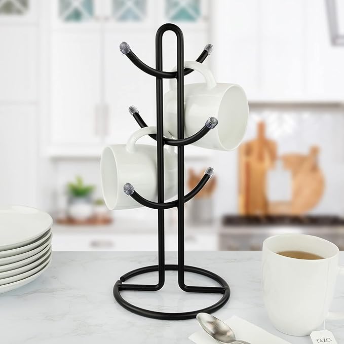 FitWell Mugs Holder, Mug Tree, Coffee Mug Holder, Coffee Mug Tree, Mug Organizer for Cabinet, Mug Holder Stand, Coffee & Tea Cup Storage Rack (Black, 6 Mugs (15"H))-NeatNest