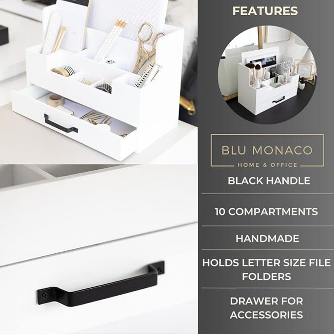 BLU MONACO White Wooden Desk Organizer with Drawer – Office Desk Caddy for Supplies and Accessories – Stylish Desktop Storage for Women-NeatNest