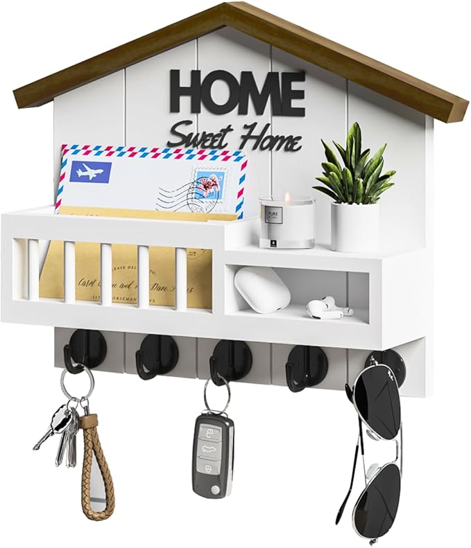 Key and Mail Holder for Wall, Wall Key Holder with Shelf, Home Key Holder for Wall, Wood Key Holder Wall Mount, Mail Organizer Wall Mounted, Entryway & Front Door Key Holder with 5 Hooks(White)
