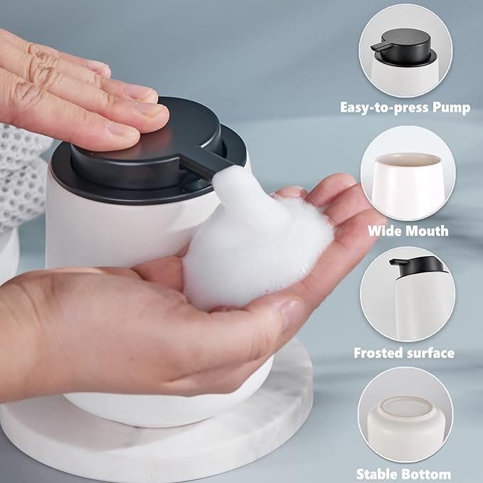 12Oz White Foam Soap Dispenser - Ceramic Foaming Hand Soap Dispenser Set with Easy-to-Press Pump, Refillable Liquid Dish Soap Dispensers for Bathroom and Kitchen, 2 Pack-NeatNest