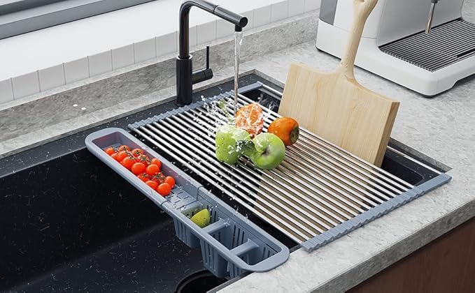 BBXTYLY Stainless Steel Extra Large Gray Drying Rack, Over The Sink, Expandable Roll Up Kitchen Drainer, Includes Removable Utensil Holder (13.6''-25.1'')