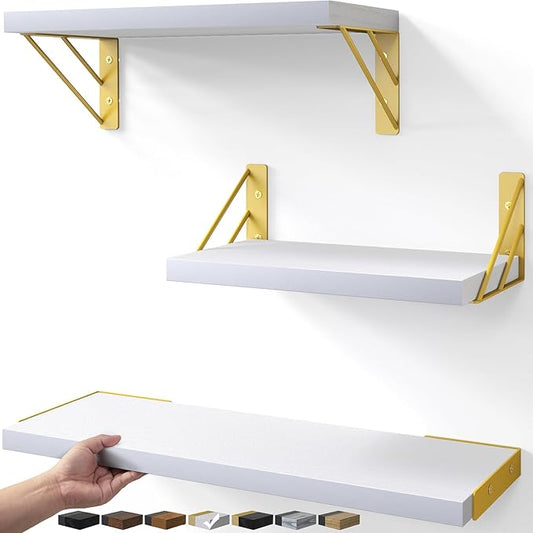 BAYKA Wall Shelves for Bedroom Decor, Floating Wall Shelves for Living Room Kitchen Storage, Wall Mounted Rustic Wood Shelves for Kids Books,Corner Shelves for Bathroom(White and Gold,Set of 3)-NeatNest