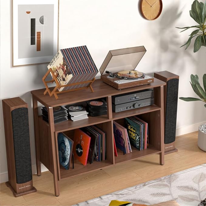 Bamboo Vinyl Record Holder Stand, Magazine Holders Desktop Bookshelf Storage Rack With Divider, Holds up to 80-100 LPs, Classical Design Organizer Rack for Files Book Notebook Magazine Vinyl Record-NeatNest