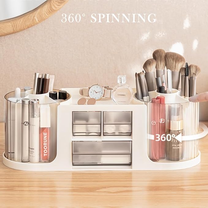 360 Rotating Makeup Brush Holder with 3 Drawers, Makeup Organizer Countertop with 10 Slots Pencil Holder for Countertop + 3 Drawer, Makeup Organizer Countertop for vanity (White (3 Drawer))-NeatNest