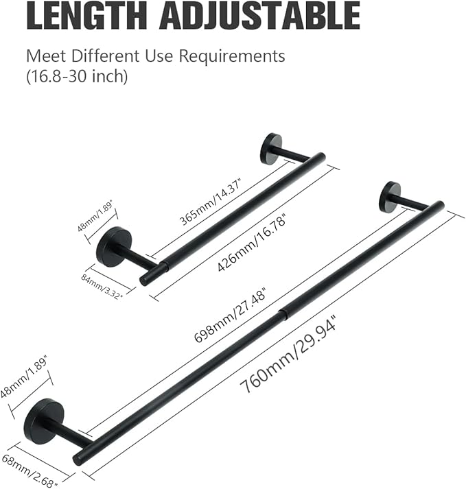 Alise Adjustable Towel Holder, Extension-Type 17'' to 30'' Towel Racks for Bathroom, SUS304 Stainless Steel Towel Rod for Bathroom Wall, DIY Hand Towel Bar, Matte Black