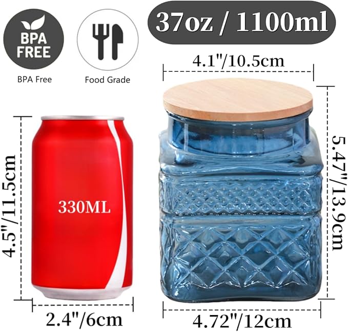 ANSQU 37oz Square Glass Jar, Candy Jar with Lid, Glass Food Storage Containers for Ground Coffee, Tea, Sugar, Decorative Mason Jar Cute Jars (Blue)
