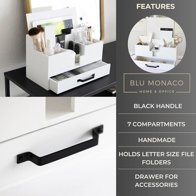 BLU MONACO White Wood Desk Organizer with Drawer – Home Office Accessories for Women – Compact Desktop Storage Solution-NeatNest