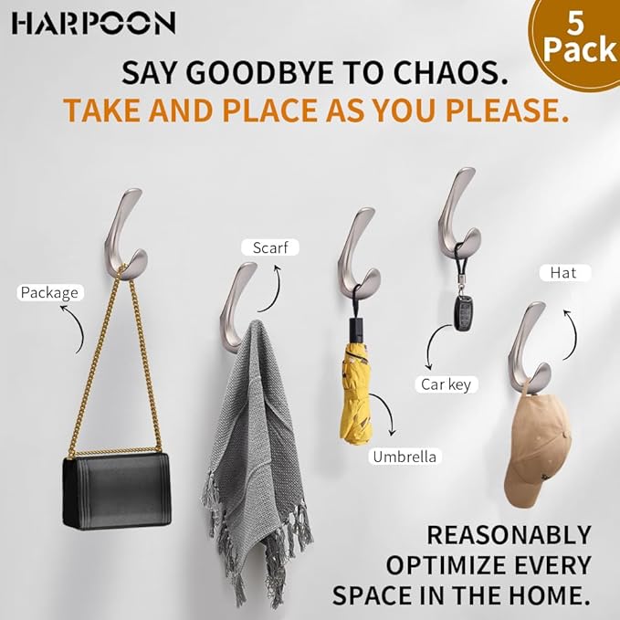HARPOON 5 Pack Towel Hooks for Bathrooms Wall Mounted, Brushed Satin Nickel Bathroom Hooks for Towels, Robe & Towel Hook for Wall, 3.5 Inch Modern Bath Towel Hook
