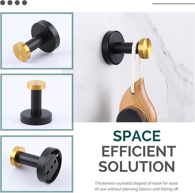 Angle Simple Towel Hook Black & Gold, Stainless Steel Bathroom Hook for Wall, Round Robe Hook, Hand Towel Holder
