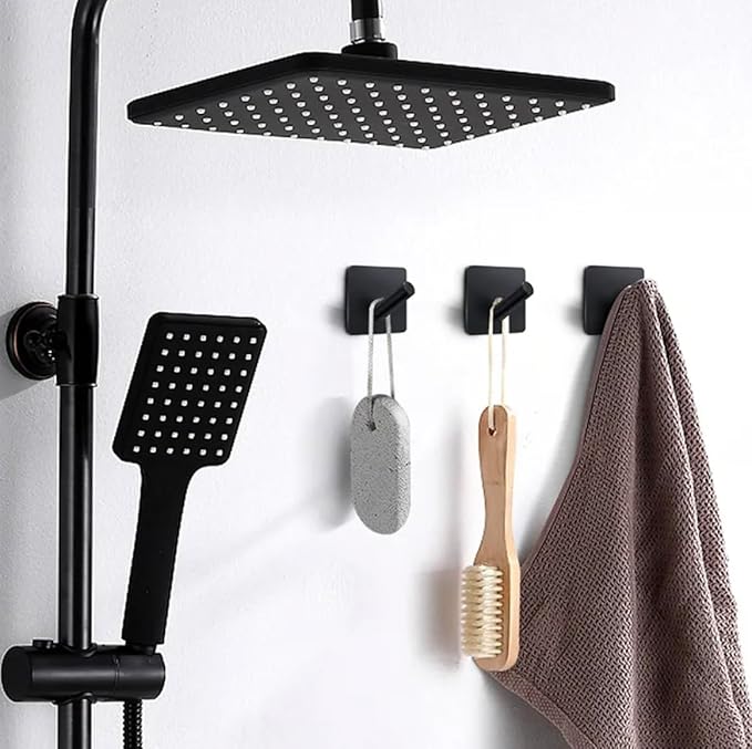 Adhesive Hooks- 4 Pcs, Towel Hooks for Inside Shower, Heavy-Duty Adhesive Wall Hook, Rust-resitant Hooks for Hanging, Sticky Hook for Walls No Damage (Black)