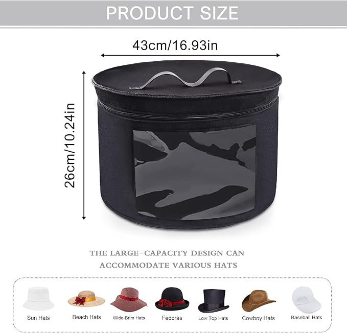 Hat Box, Hat Boxes for Women/Men Storage, 17" D x 10" H, Round Hat Storage Box Container for Closet, Clothes Storage Bin for Stuffed Animal Toy, Foldable Hat Box for Travel with Dustproof Lid (Black)-NeatNest
