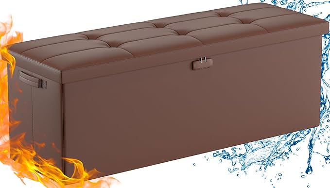 DocSafe Storage Ottoman Bench,Fireproof&Waterproof Folding Bench with Lock(15”x 43”x15”),Leather Storage Chest with Handles&2 Extra Boxes,Ottoman Safe for Bedroom,Living Room,Home Office,Brown-NeatNest