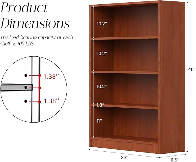 Farini 48 Inch Tall 4-Shelf Bookcase, Wood Bookshelf Storage Organizer Adjustable Shelf for Home Office, Study Room, Easy Assembly,Cherry