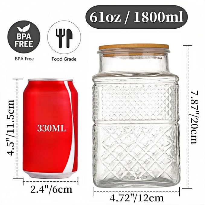 ANSQU Square Glass Jar, Candy Jar with Lid, Glass Food Storage Containers for Ground Coffee, Tea, Sugar, Decorative Mason Jar (Transparent, 61oz)