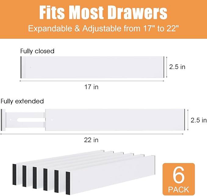 Bamboo Drawer Dividers,17-22" Adjustable Kitchen Drawer Organizer for Clothes,6 Pack Expandable Drawer Organization Separators for Bedroom,Bathroom,Dresser and Office,White-NeatNest