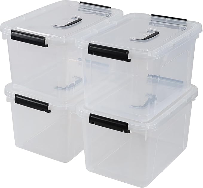 12 Quart Latching Storage Box, 4 Pack, Clear Plastic Organizer Bin with Handle