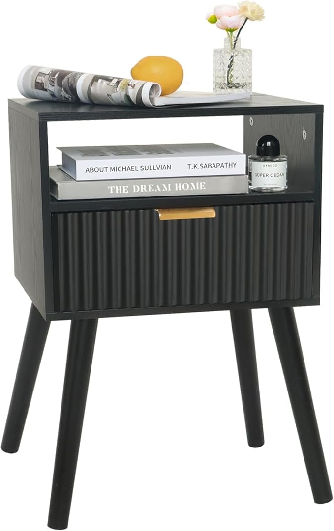 Black Nightstand, Modern Bedside Table with Fluted Drawers, Small Night Stand with Storage and Solid Wood Legs for Bedroom, Dorm and Small Space (Black)-NeatNest