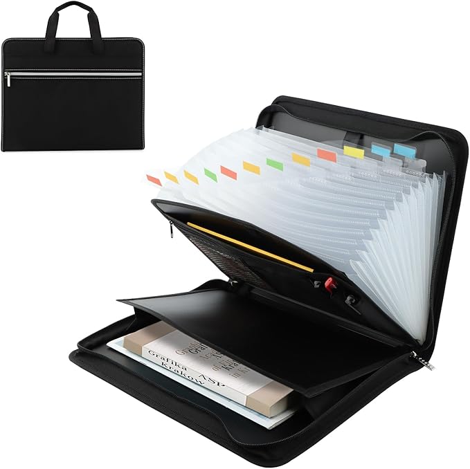 Fireproof Accordion File Organizer,13 Pockets Document Organizer with Handle & Labels,Business Home Portable Fireproof Safe Document Organizer with Zipper for A4 Letter Size File
