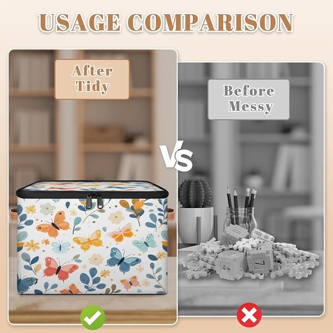 Butterfly Storage Bins with Zipper Lid, Boho Floral Lidded Storage Baskets Boxes Foldable Organizer with Leather Handles for Clothes Closet Shelf Toys-NeatNest