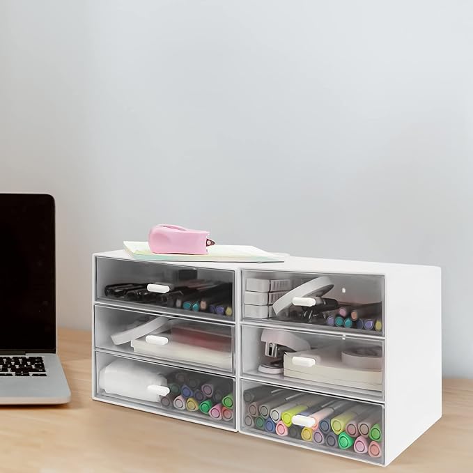 Desk Organizer with Drawer, Desk Storage Box, Plastic Office Stationery Supplies Organizers, Desktop Organizer for Office School Home (3 drawer, White)-NeatNest
