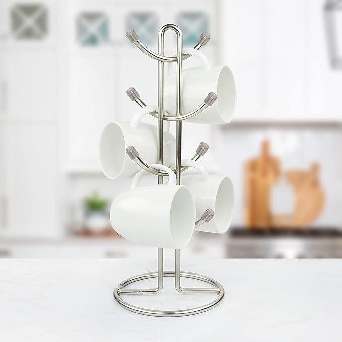 FitWell Mugs Holder, Mug Tree, Coffee Mug Holder, Coffee Mug Tree, Mug Organizer for Cabinet, Mug Holder Stand, Coffee & Tea Cup Storage Rack (Satin Nickel, 8 Mugs Holder (17.5"H))-NeatNest