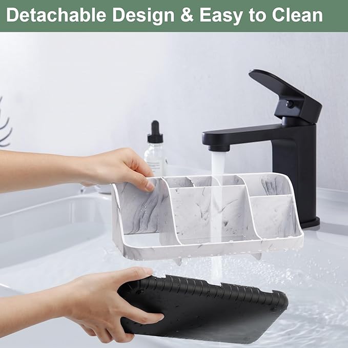 Marble Bathroom Countertop Organizer - Detachable 7 Slots Kids Electric Toothbrush and Toothpaste Holde Drainage for Bathroom Accessories Organization Counter Vanity Storage, Black