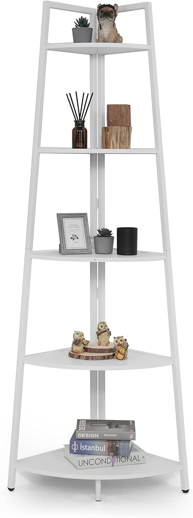 CAPHAUS Tall Corner Shelf Stand, 5-Tier Display Shelves, Ladder Corner Wood Storage Plant Bookshelf with Metal Frame, Versatile Shelving Unit Bookcase for Home Office Space, White-NeatNest