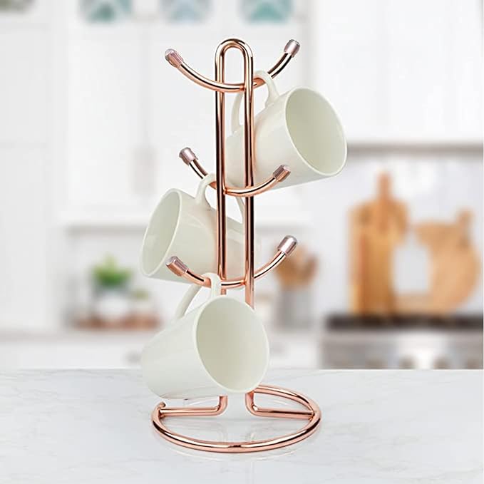 FitWell Mugs Holder, Mug Tree, Coffee Mug Hanger, Mug Tree, Mug Organizer for Cabinet, Mug Holder Stand, Coffee & Tea Cup Storage Rack (Copper, 6 Mugs (15" H))-NeatNest