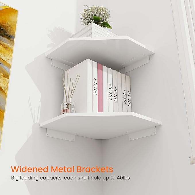 Homode Corner Shelf Wall Mount, Set of 2 Corner Floating Shelves with Cord Hole for Speaker, Cable Box, 2 Tier Wood Hanging Storage Shelf for Bathroom Living Room Bedroom, White-NeatNest