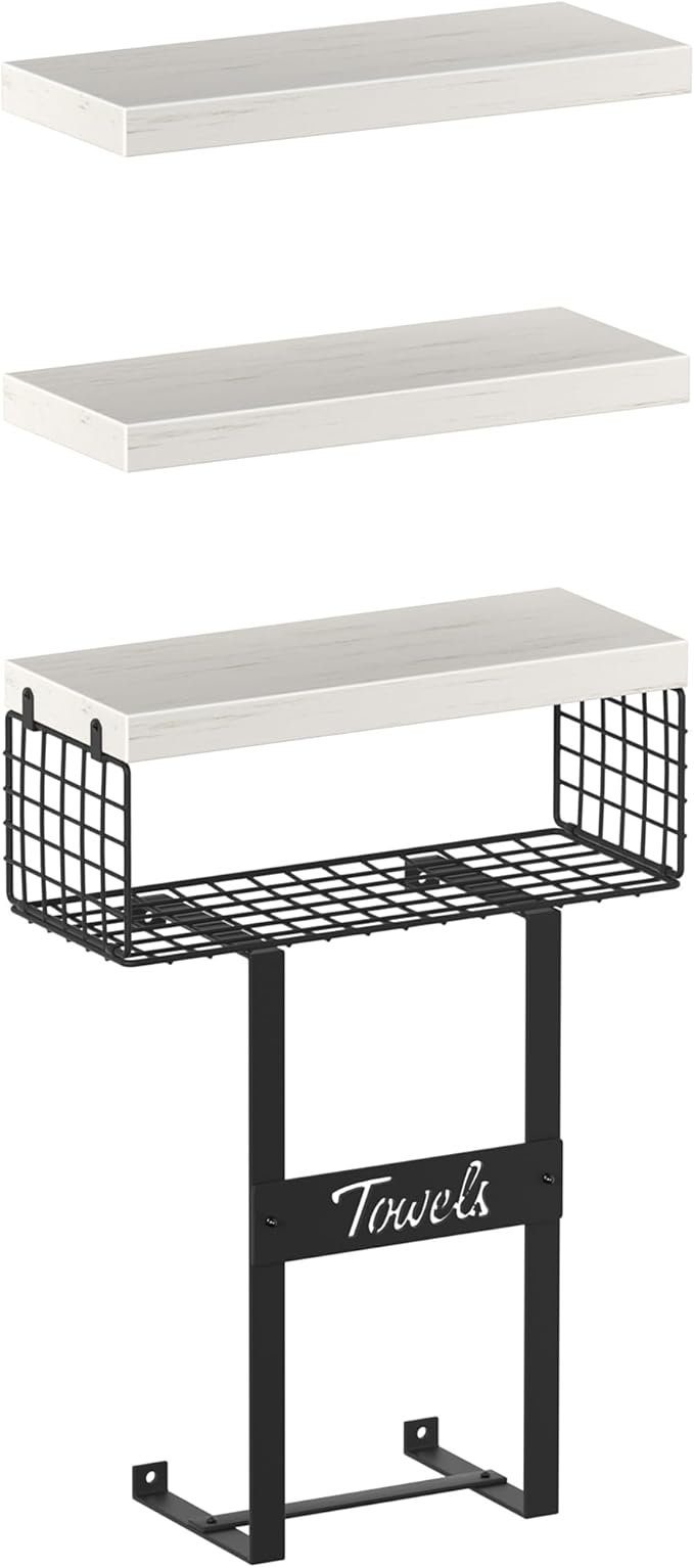 Bathroom Shelves Over Toilet - Floating Shelf for Wall Above Toilet Towels Holder Small Farmhouse Decor Shelves (15.7 inch, Set of 3, Distressed White and Black)-NeatNest
