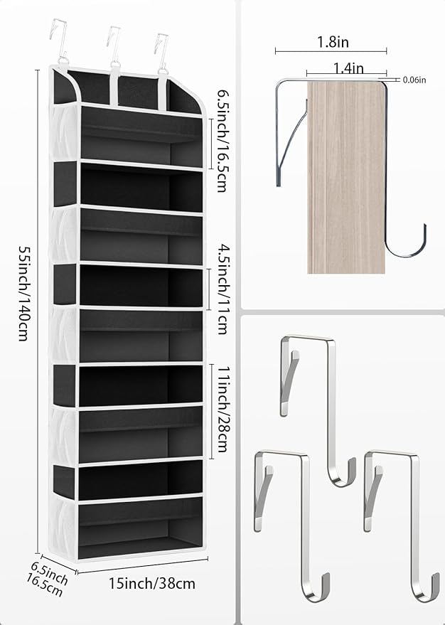 1 Pack Over The Door Storage Organizer with 5 Pockets 10 Mesh Side Pockets, 44 lbs Weight Capacity Door Hanging Organizers and Storage for Bedroom,Bathroom,Nursery,Pantry,Dorm(Black)-NeatNest