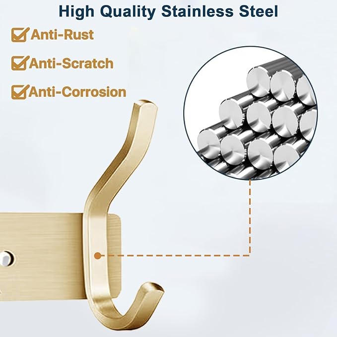 AZW Coat Rack Wall Mount,Heavy Duty Stainless Steel Metal Coat Hooks Hanging for Robes Bags Keys Hat Clothes and Bathroom Door Towels Hanger(Brusshed Brass Gold 4 Hooks)-NeatNest