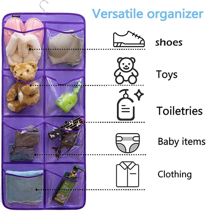 Dual-Sided Hanging Closet Organizer for Socks Underwear Bra Kids Storage Organizer for Baby Clothes Toddler Shoes with 26 Pockets (Purple-Clear Pockets)-NeatNest