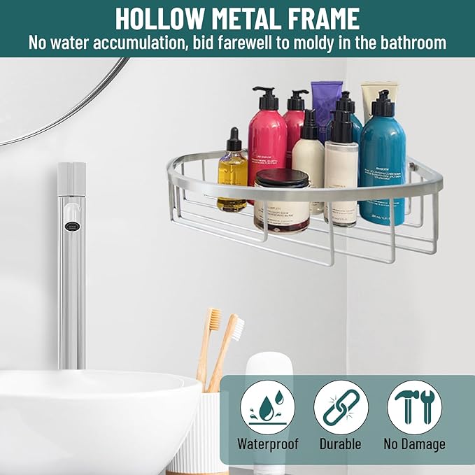 Stainless Steel Wall Mount Shower Caddy, Single Hook & Bath Wipe Waterproof Durable Corner Shower Rack for Bathroom Space Saving Bathroom Organizer & Storage for Shampoos Soap Bath Items Brushed