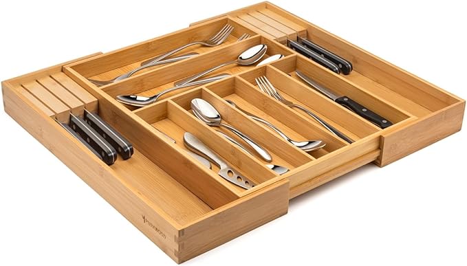 Bamboo Drawer Organizer with Knife Blocks - Silverware Organizer & Utensil Drawer Organizer, Cutlery Tray with Dividers, 7-9 Slots- Premium Kitchen Organizer for Utensils & Flatware (Natural)-NeatNest