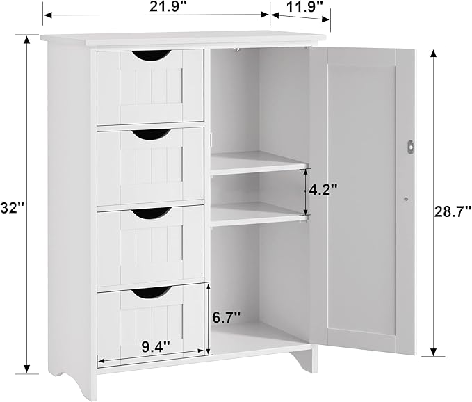 JUMMICO Bathroom Storage Cabinet, Floor Cabinet with 4 Drawers and 1 Adjustable Shelf, Storage Oragnizer for Living Room, Kitchen, Bathroom (White)