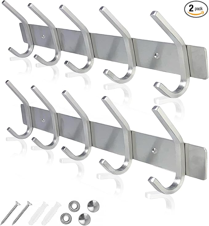 GlazieVault Coat Rack Wall Mount - Stainless Steel (2 Pack) - Heavy Duty Hooks for Hat, Towel, Robes, Jacket, Clothes - Bathroom, Entryway Hanger (Silver J)-NeatNest